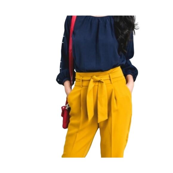 Zara wide leg mustard pants with tie - Picture 1 of 6